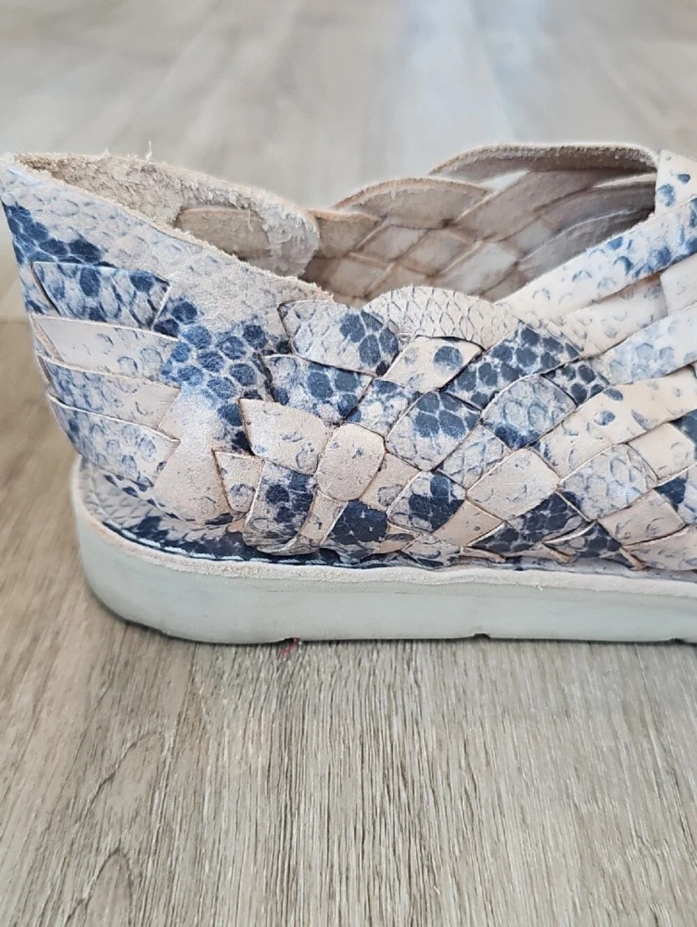 Leather Woven Hurarache Slip-On in Beige and Navy Snake Print!